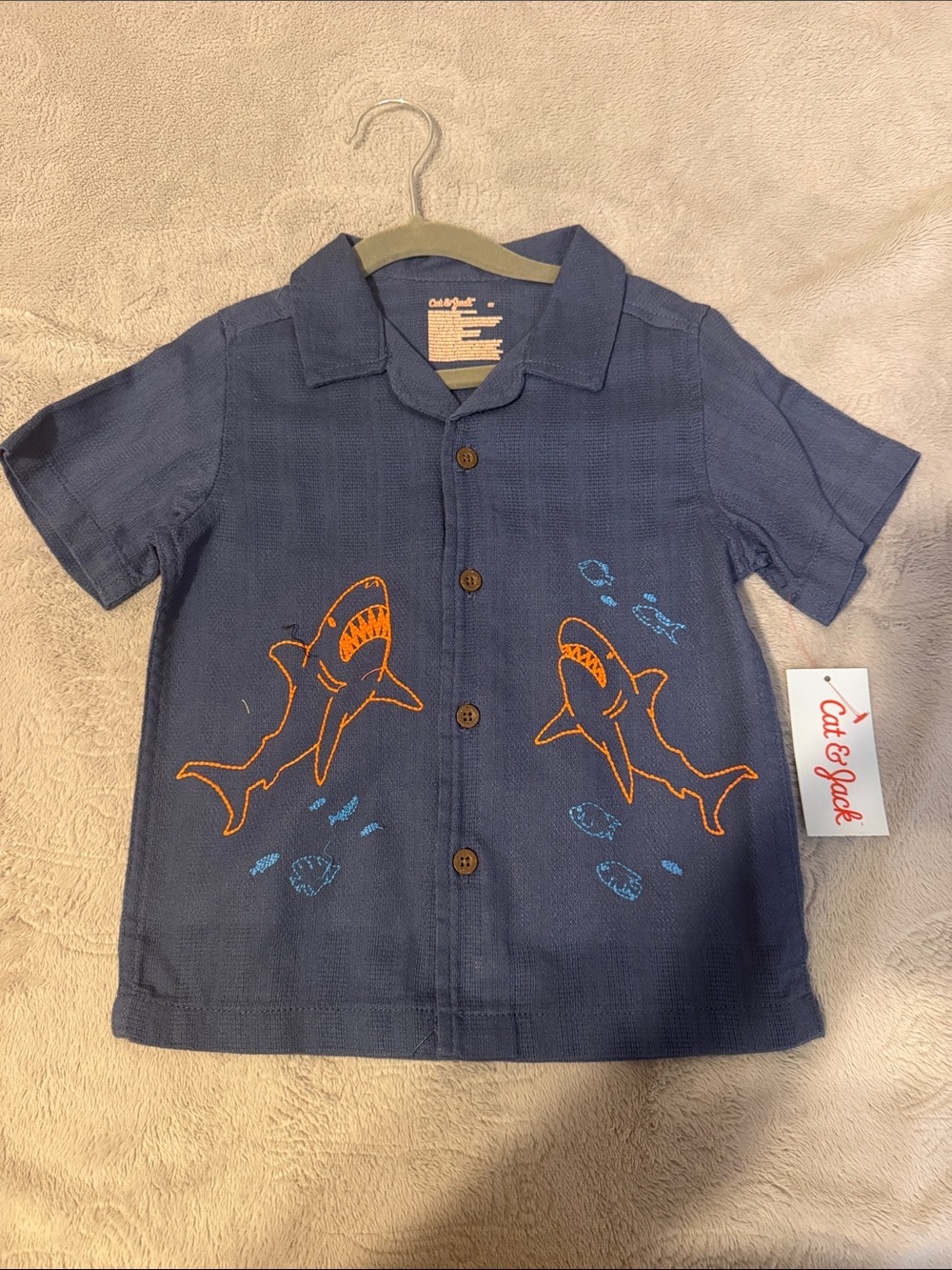 Cat & Jack Navy Shirt with Orange Shark Embroidery